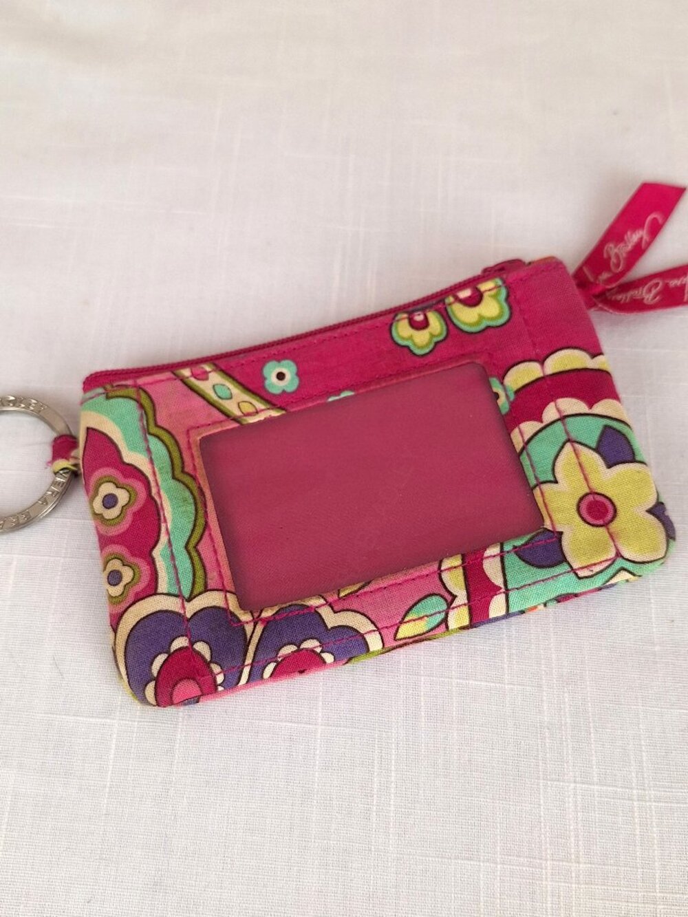 Vera Bradley Zip ID Case with Clear Window. Purse Key Ring Pink Yellow Floral